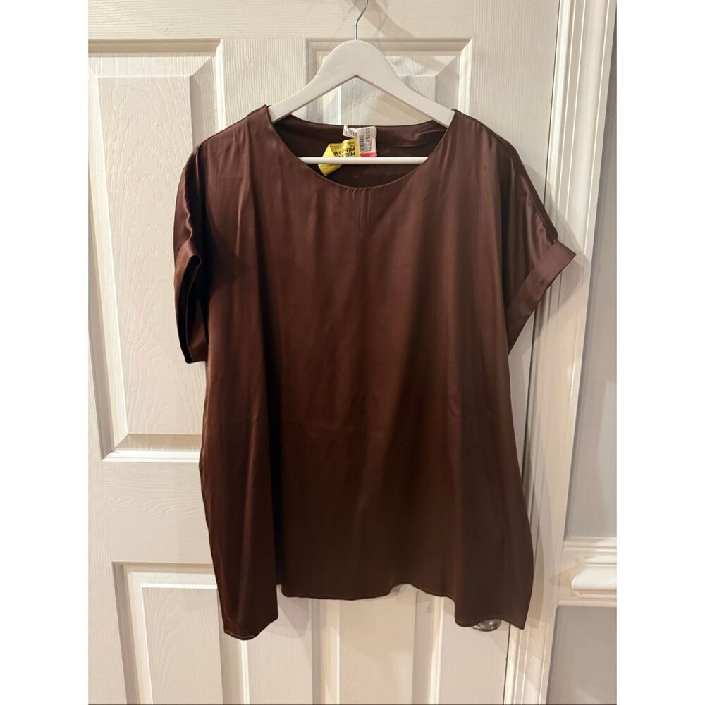 Lilysilk Brown Short Cuffed Sleeve 100% Silk Blouse sz XXL EUC